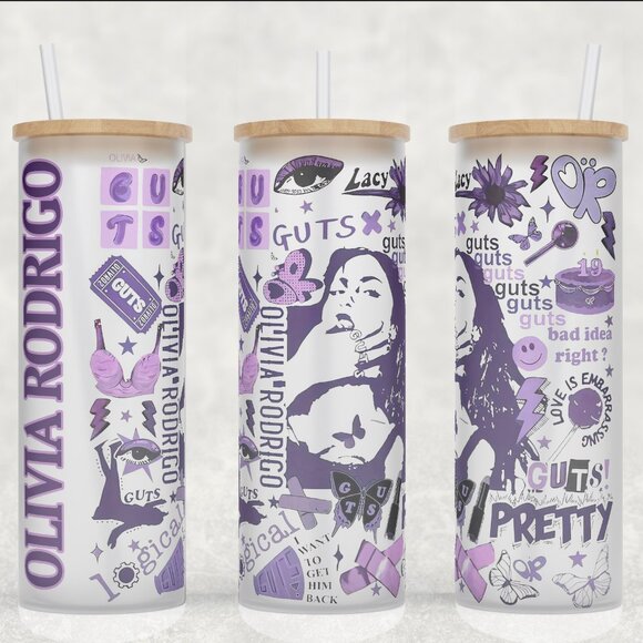Frosted Glass Olivia Rodrigo Guts World Tour Purple Collage Cup Mug Tumbler 25oz - Picture 1 of 3